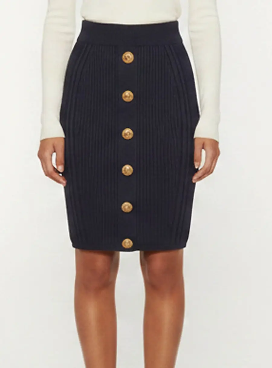 Balmain Navy Blue Rib Knit Embellished Short Skirt S