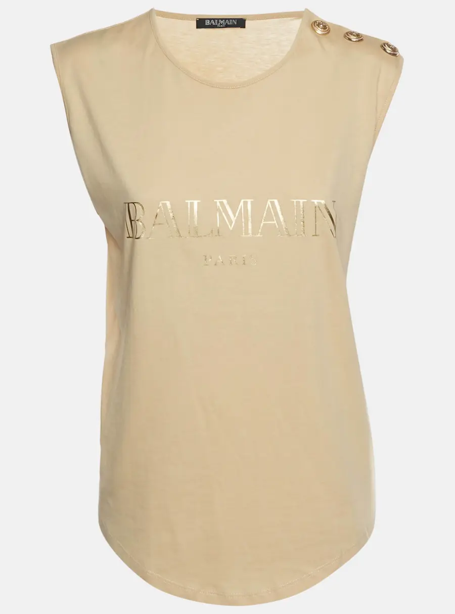 Balmain Beige Printed Cotton Sleeveless Top M