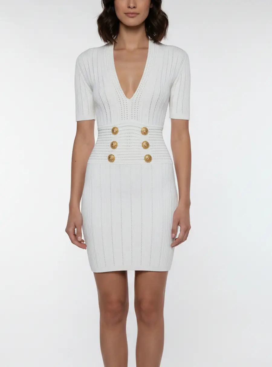Balmain Off White Knit Lion Head Button Detail V-Neck Mini Dress S