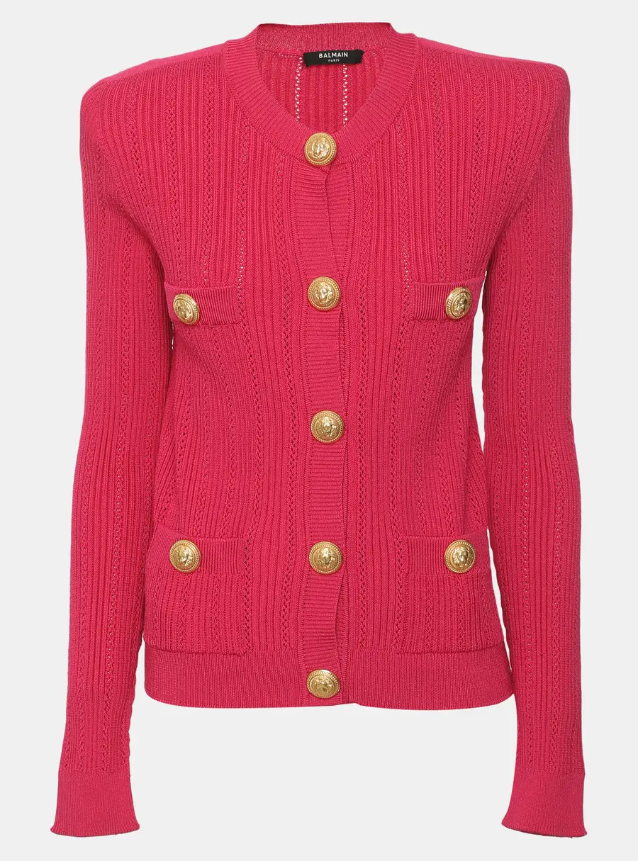 Balmain Pink Rib Knit String Shoulder Cardigan S