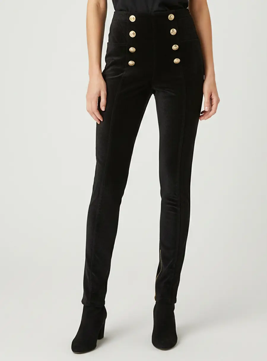 Balmain Black Button Embellished Textured Velvet Trousers M