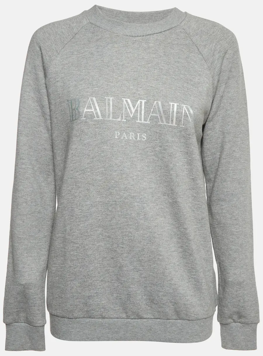 Balmain Grey Logo Print Cotton Jersey Crewneck Sweatshirt M