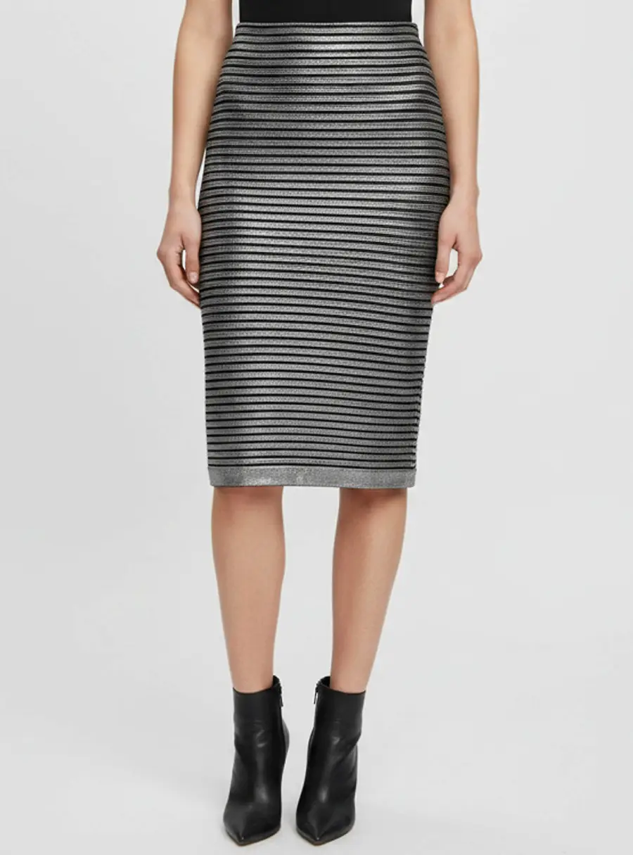 Balmain Metallic Black/Silver Striped Rib Knit Skirt M