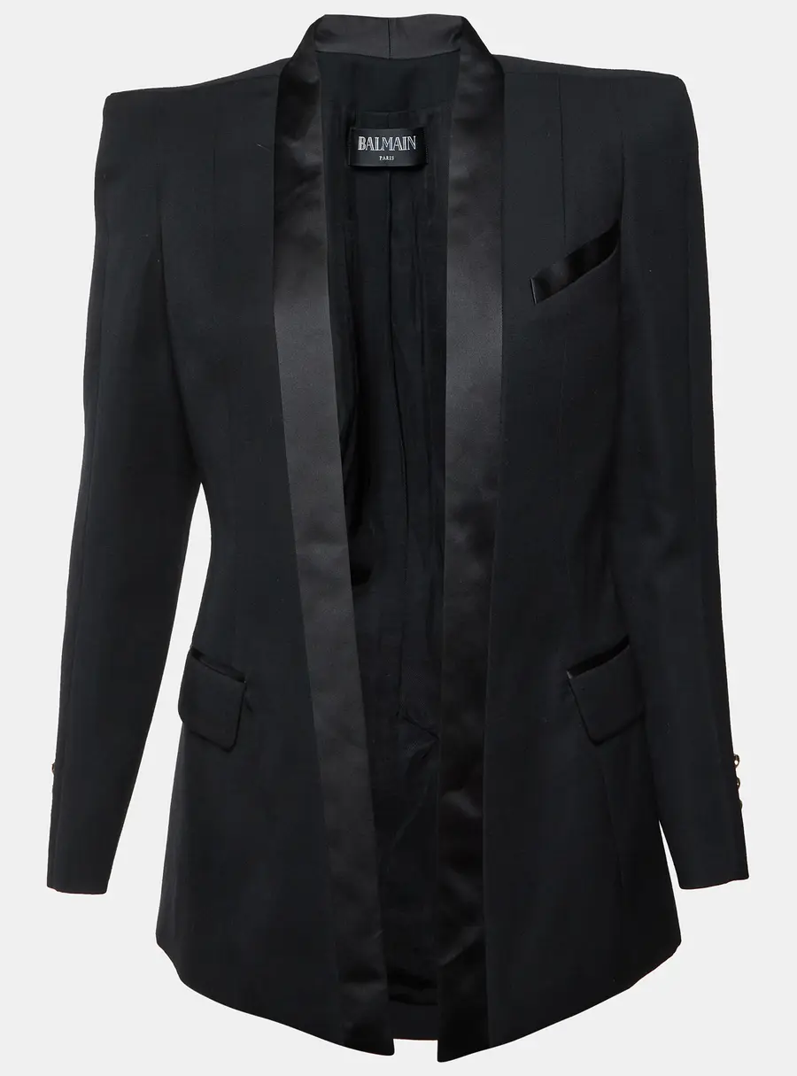 Balmain Black Wool Satin Trim Open Front Structured Blazer M