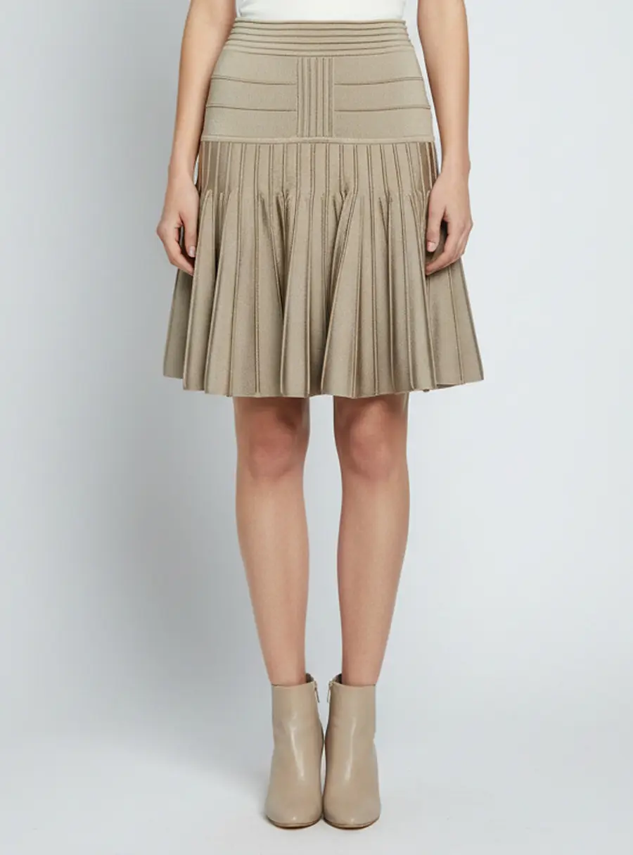 Balmain Beige Paneled Stretch Knit Pleated Mini Skirt M