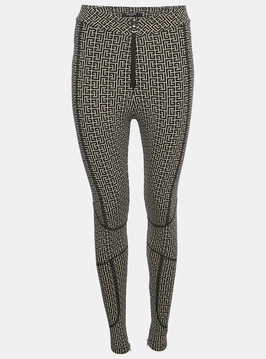Balmain Black Monogram Jacquard Stretch Knit Leggings S