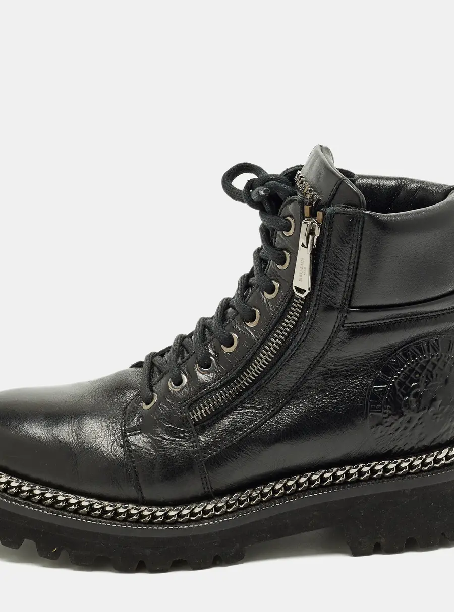 Balmain Size 38.5 Black Leather Chain Detail Combat Boots