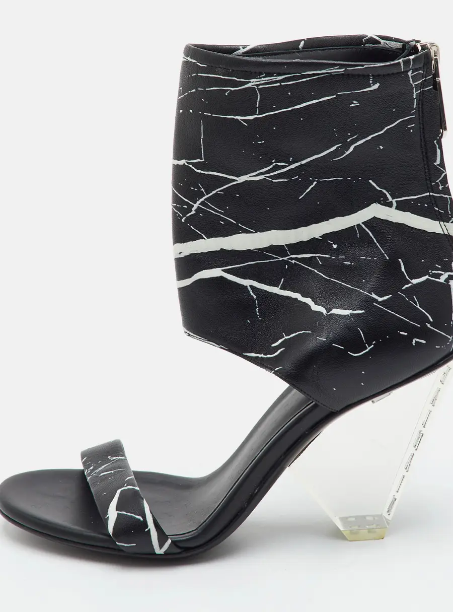 Balmain Size 36.5 Black Carrara Marble Print Leather Open Toe Ankle Cuff Sandals