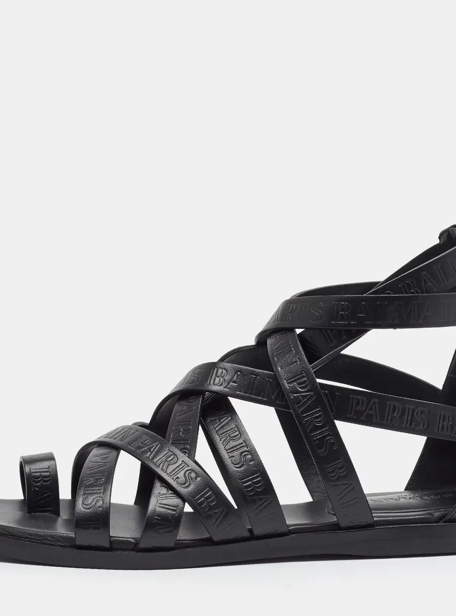 Balmain No Style Size 39.5 Black Leather Gladiator Flat Sandals