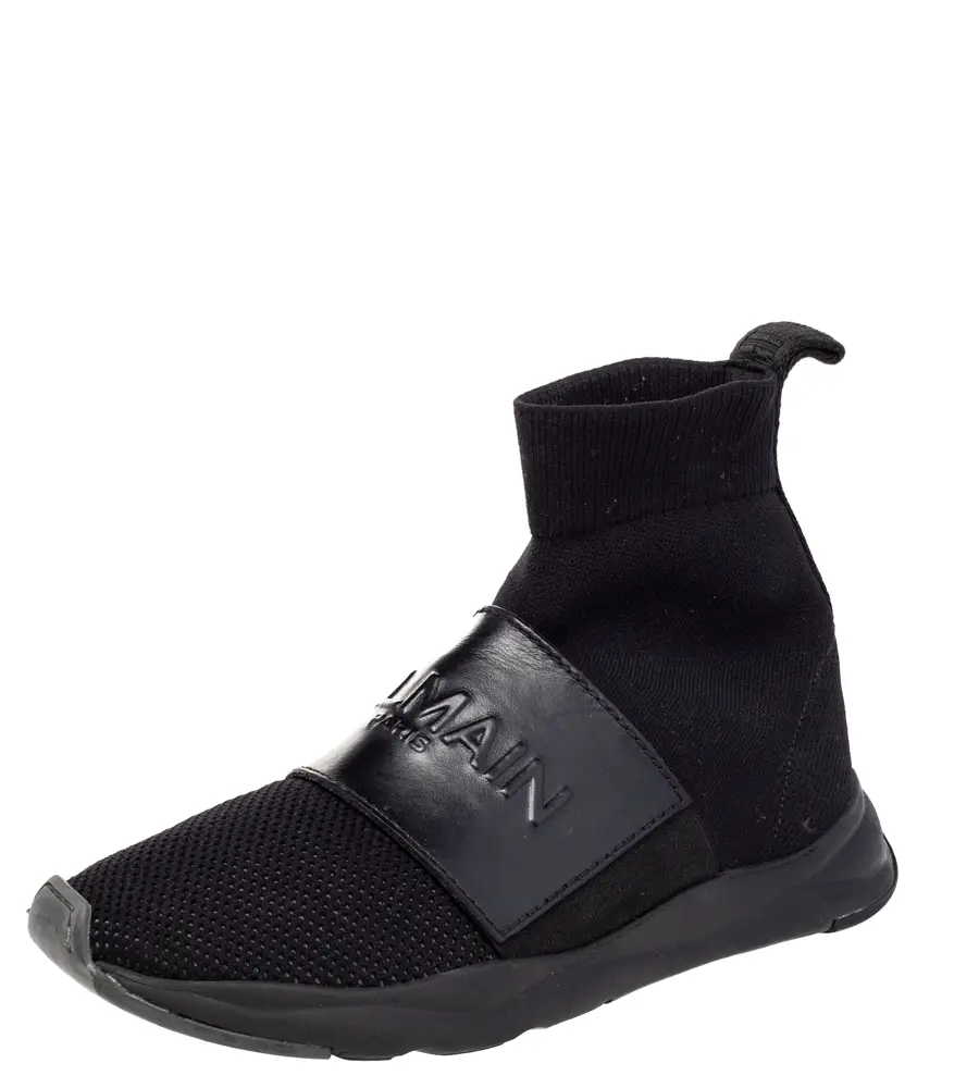 Balmain Black Leather And Knit Fabric Cameron High Top Sneakers Size 35