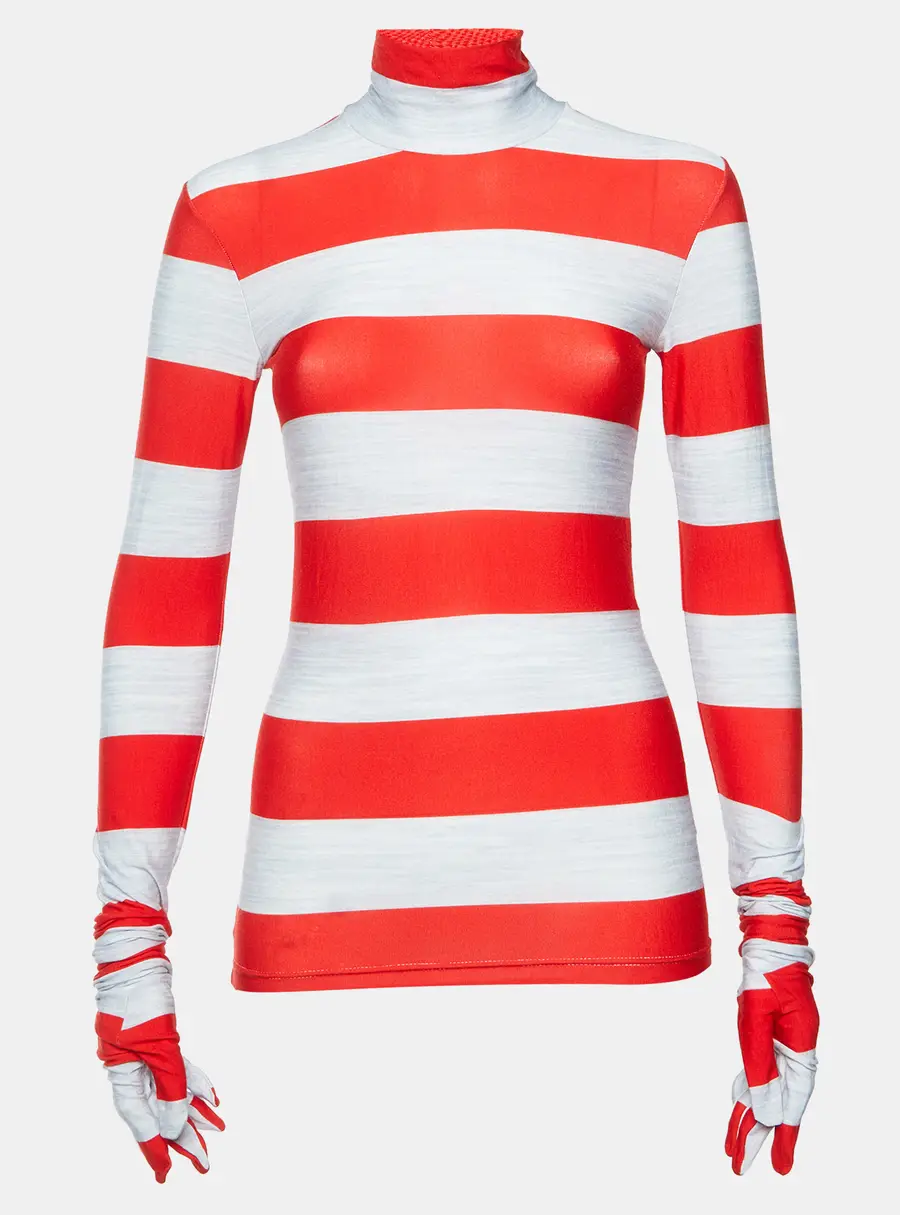 Balenciaga Grey/Red Striped Jersey Turtleneck Long Sleeve Top L