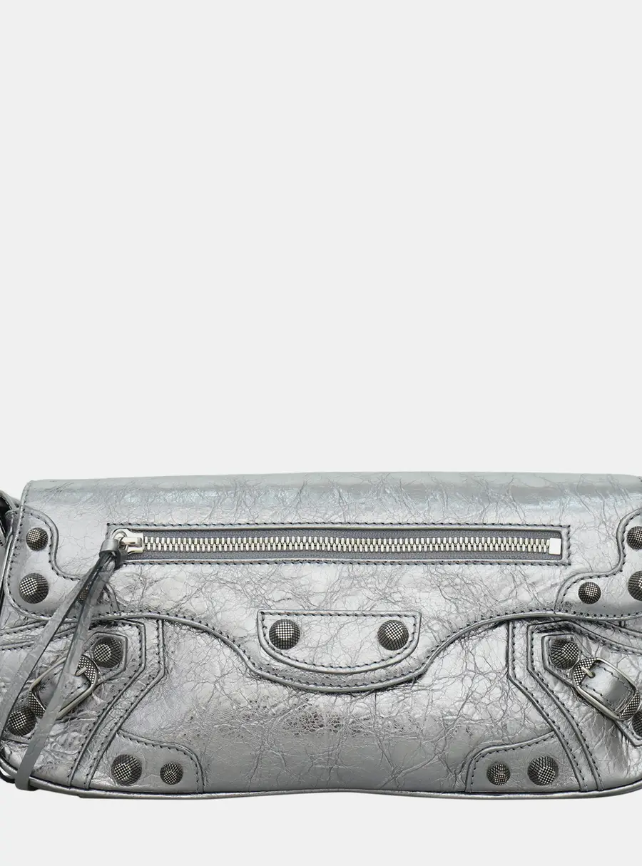 Balenciaga Le Cagole Sling Silver Crinkled Lambskin Leather Shoulder Bag