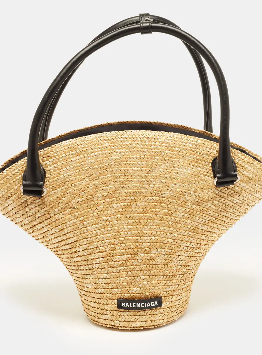 Balenciaga Basket Beach Black/Cream Leather and Raffia Tote
