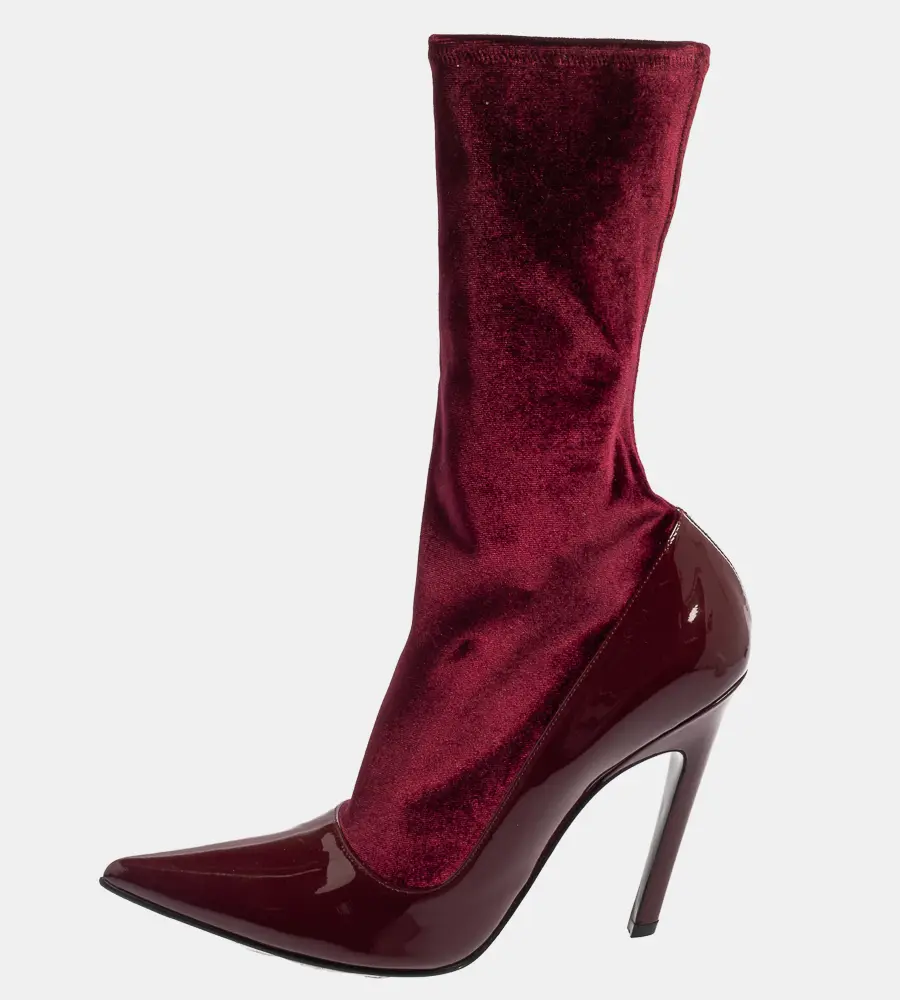 Balenciaga Burgundy Velvet And Patent Leather Knife Mid Calf Boots Size 39