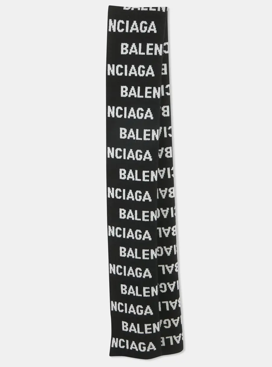 Balenciaga Black/White Logo Intarsia Wool Blend Scarf