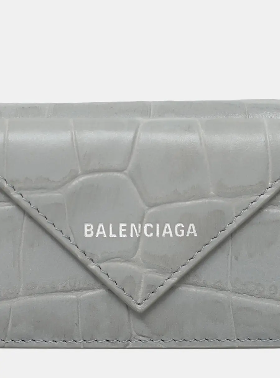 Balenciaga Papier Mini Wallet Light Grey Crocodile Embossed Leather Wallet