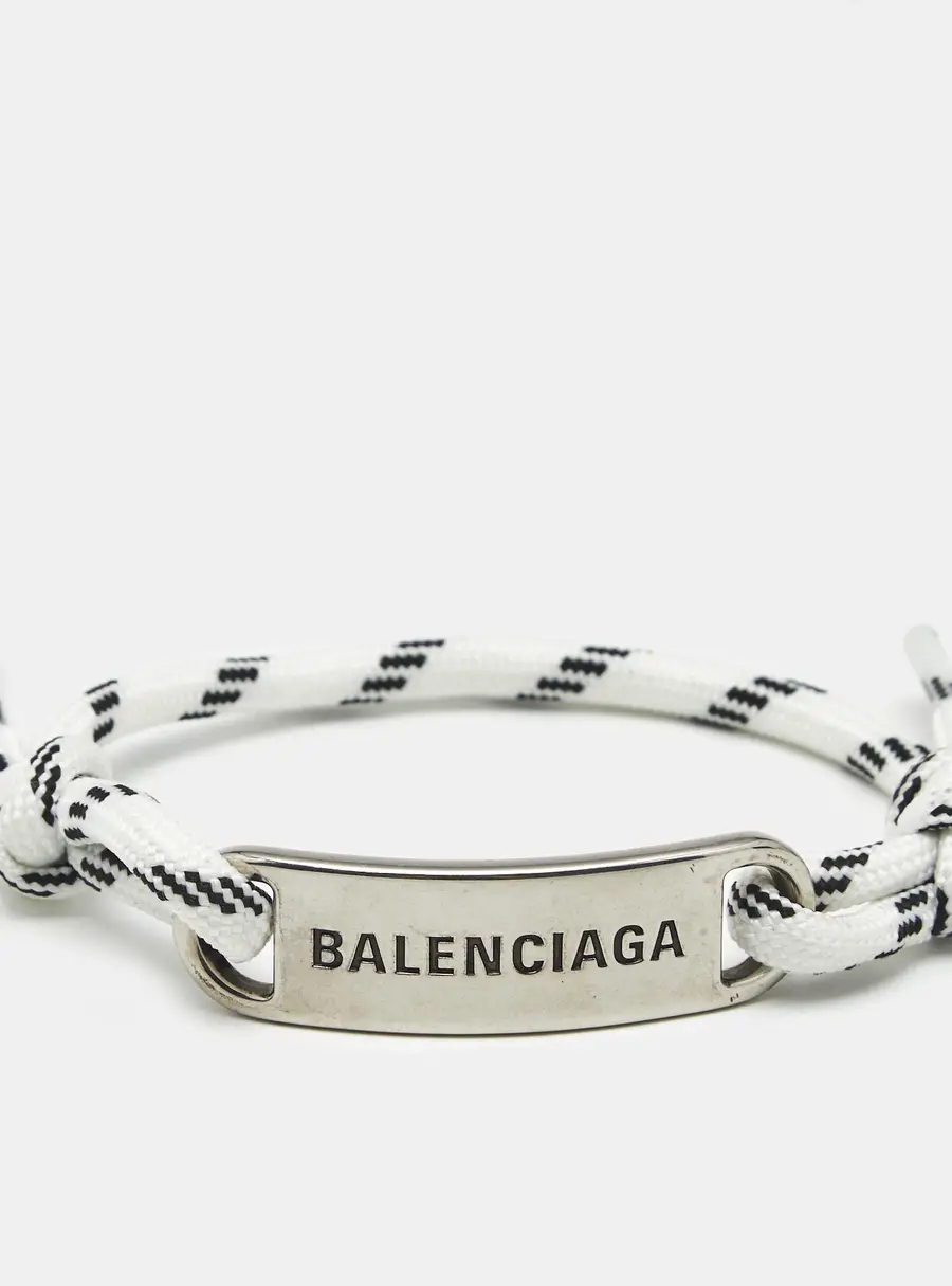 Balenciaga Logo Silver Tone Adjustable Plate Bracelet