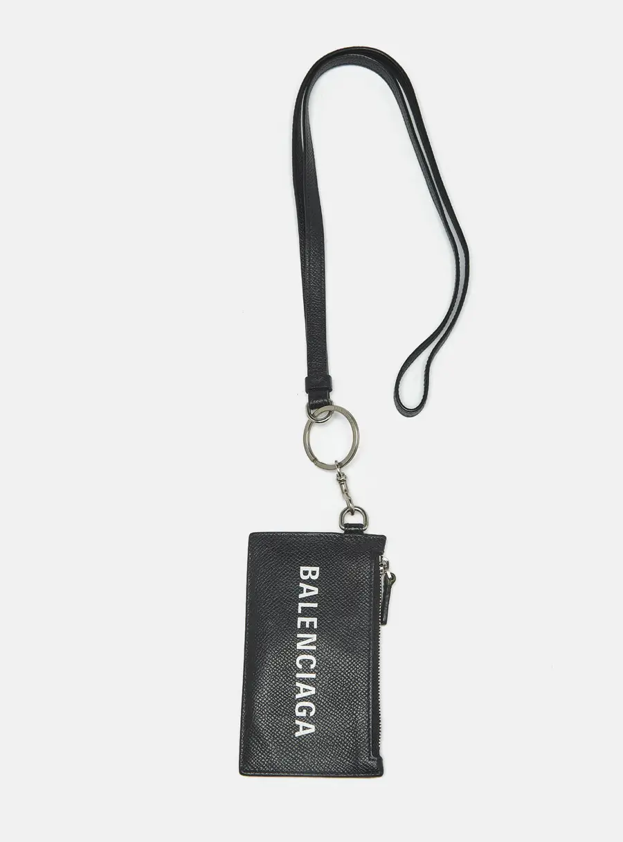 Balenciaga Cash Black Leather Card Holder Lanyard