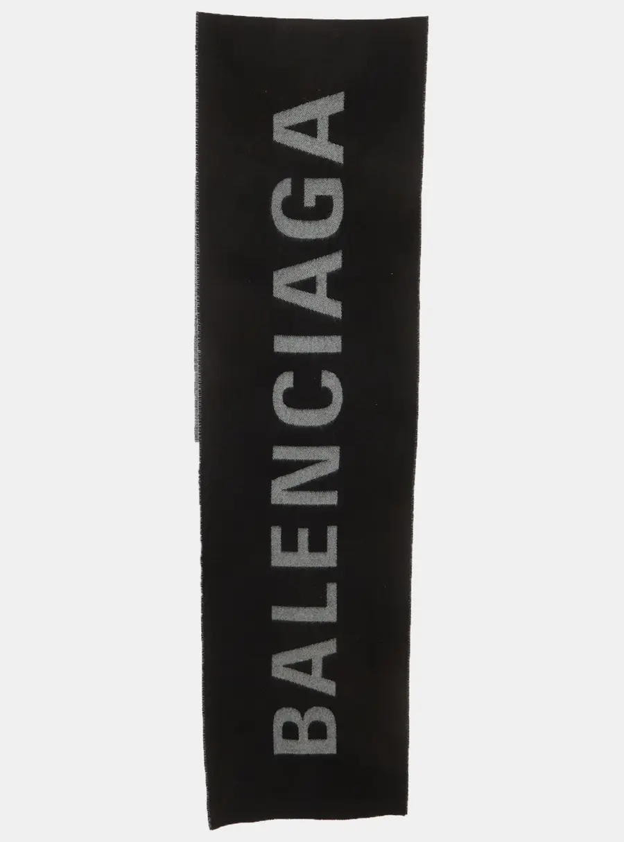 Balenciaga Black Logo Wool Reversible Scarf