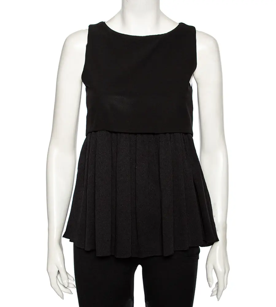Balenciaga Black Textured Silk Contrast Overlay Detailed Sleeveless Mini Dress M