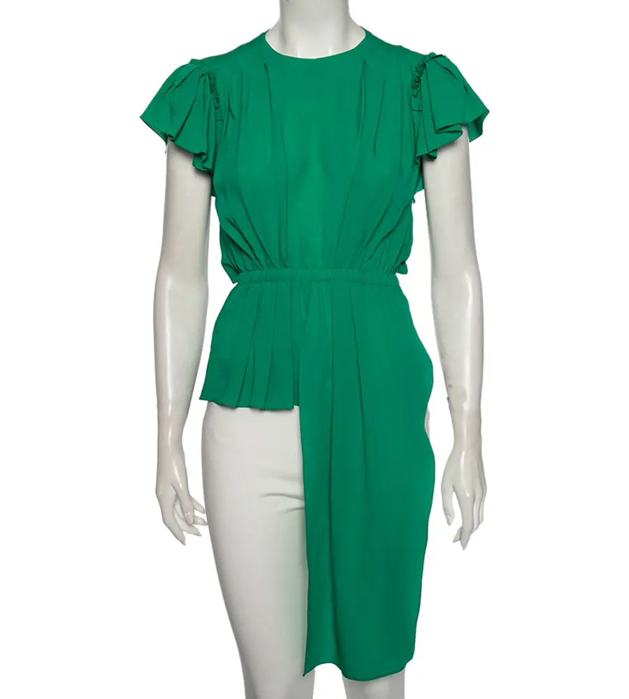 Balenciaga Green Silk Pleated Asymmetrical Blouse S
