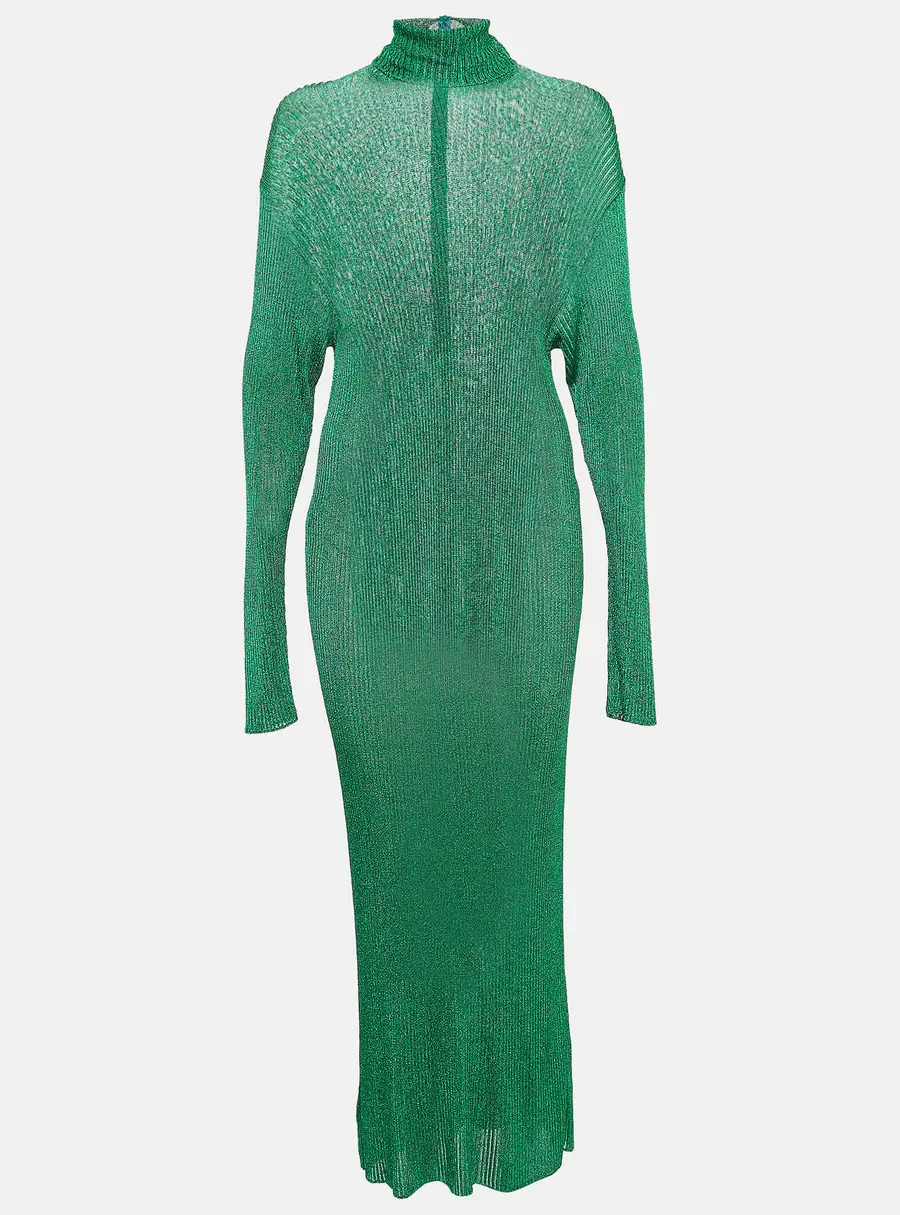 Balenciaga Green Metallic Rib Knit Turtle Neck Maxi Dress S