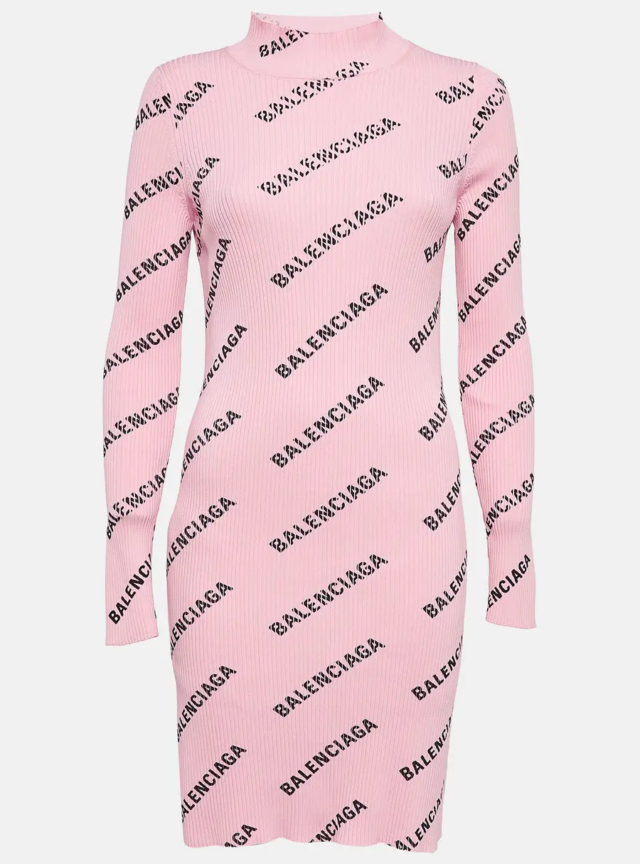 Balenciaga Pink Logo Print Rib Knit Bodycon Dress M