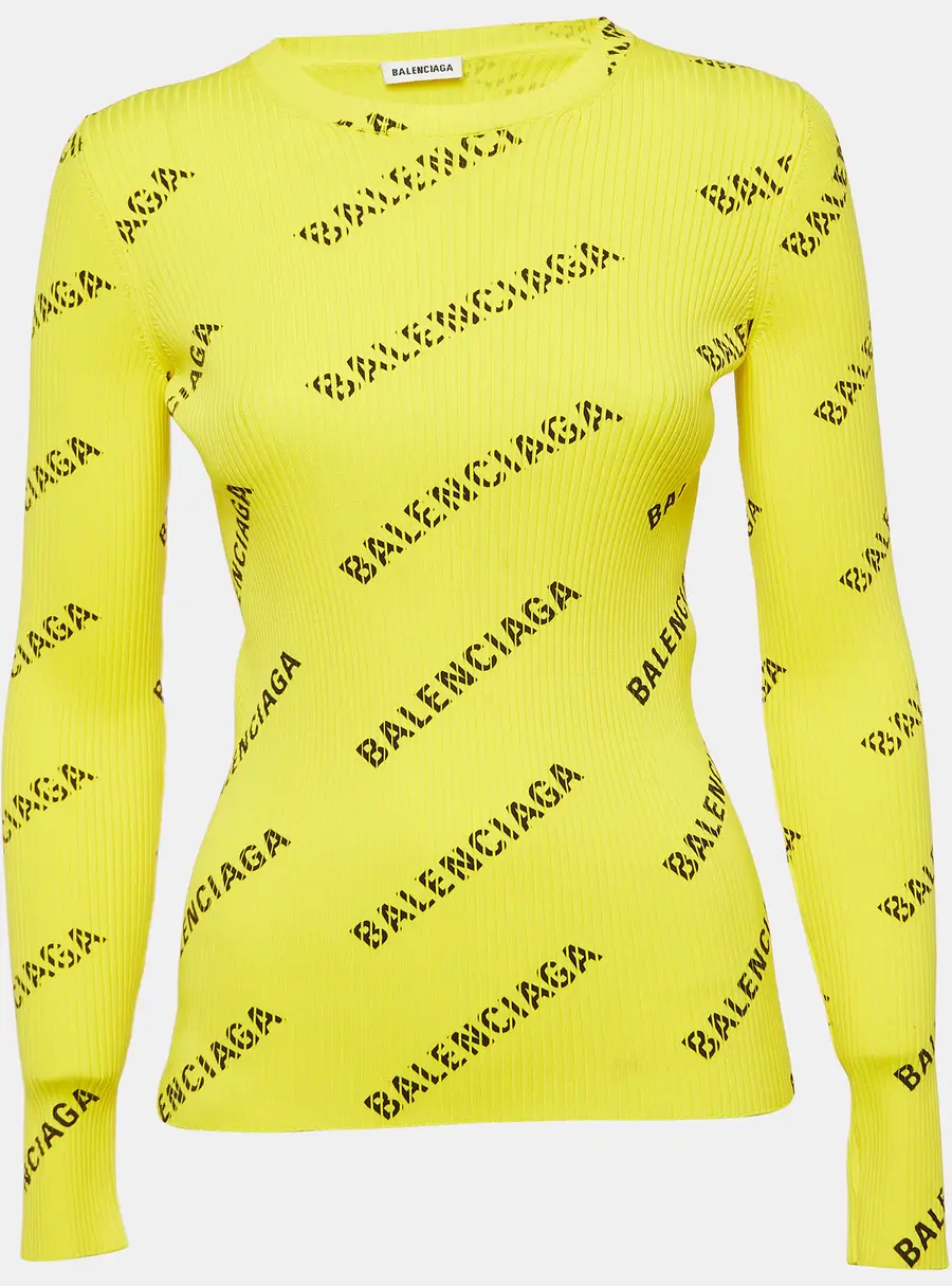 Balenciaga Yellow Logo Print Rib Knit Full Sleeve Top M