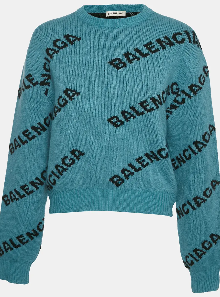 Balenciaga Blue Logo Intarsia Wool Crewneck Sweater M
