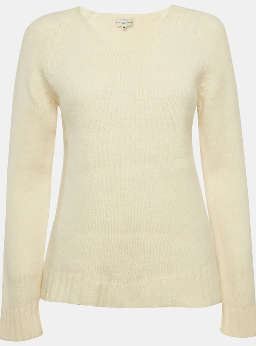 Balenciaga Vintage La Mode Cream Rib Knit V-Neck Sweater M