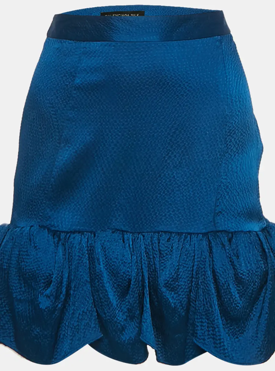 Balenciaga Blue Textured Silk Ruffled Mini Skirt M