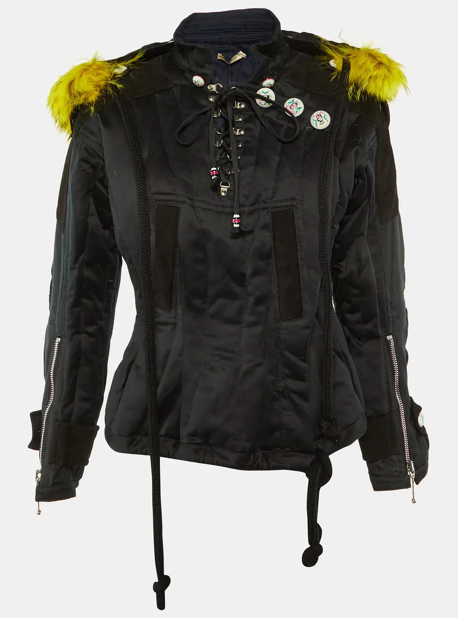 Balenciaga Black Cotton Detachable Fur Hood Button Detail Jacket M