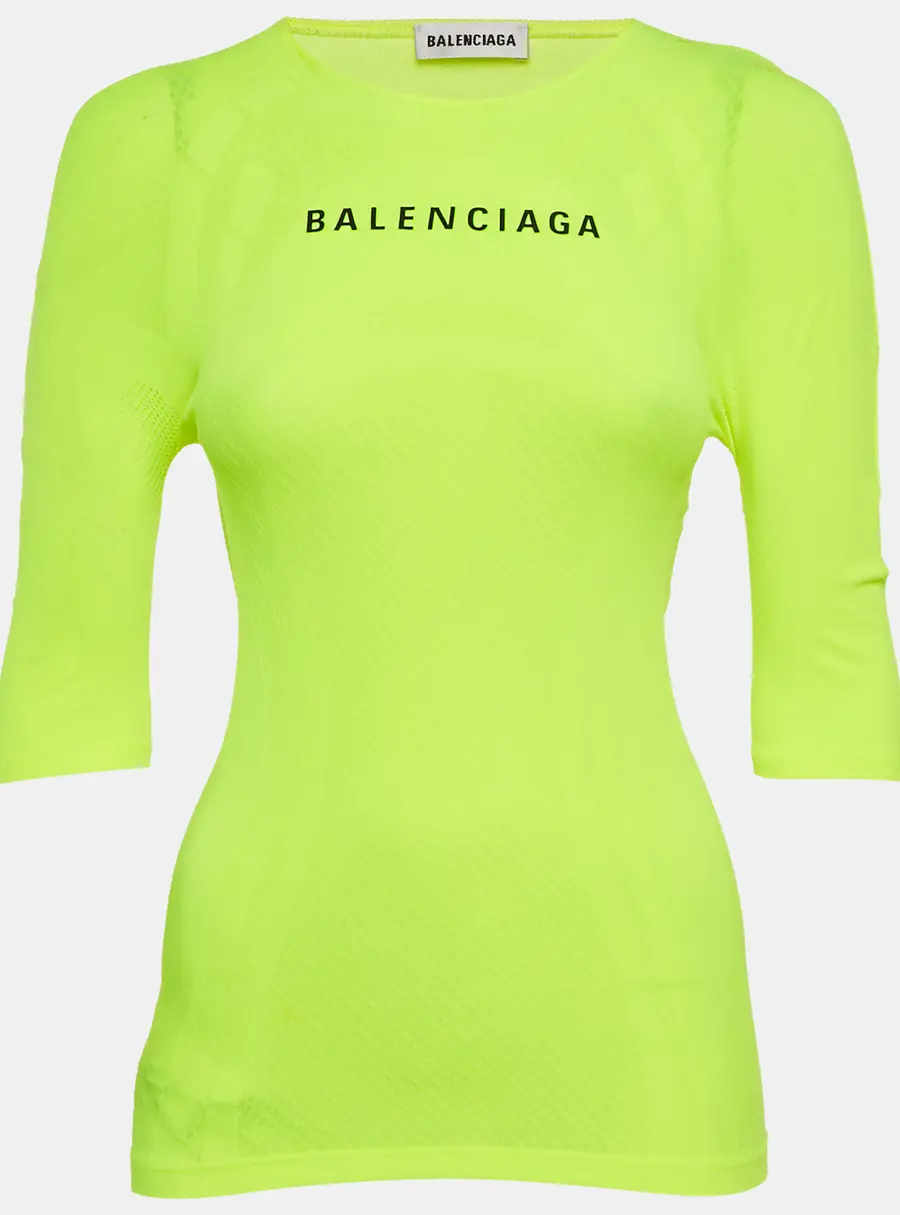 Balenciaga Acid Green Logo Print Mesh Jersey Fitted Top S