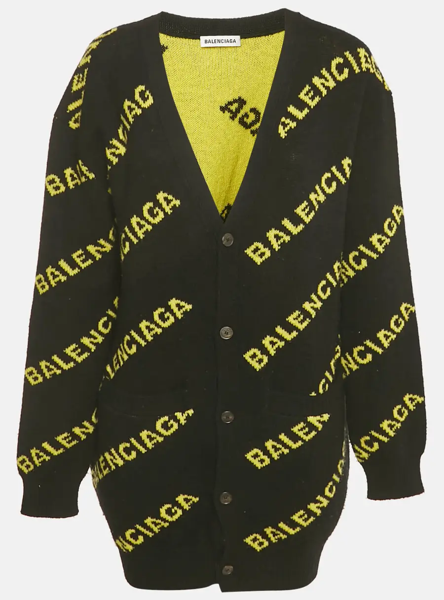 Balenciaga Black Logo Intarsia Wool Knit Long Cardigan L