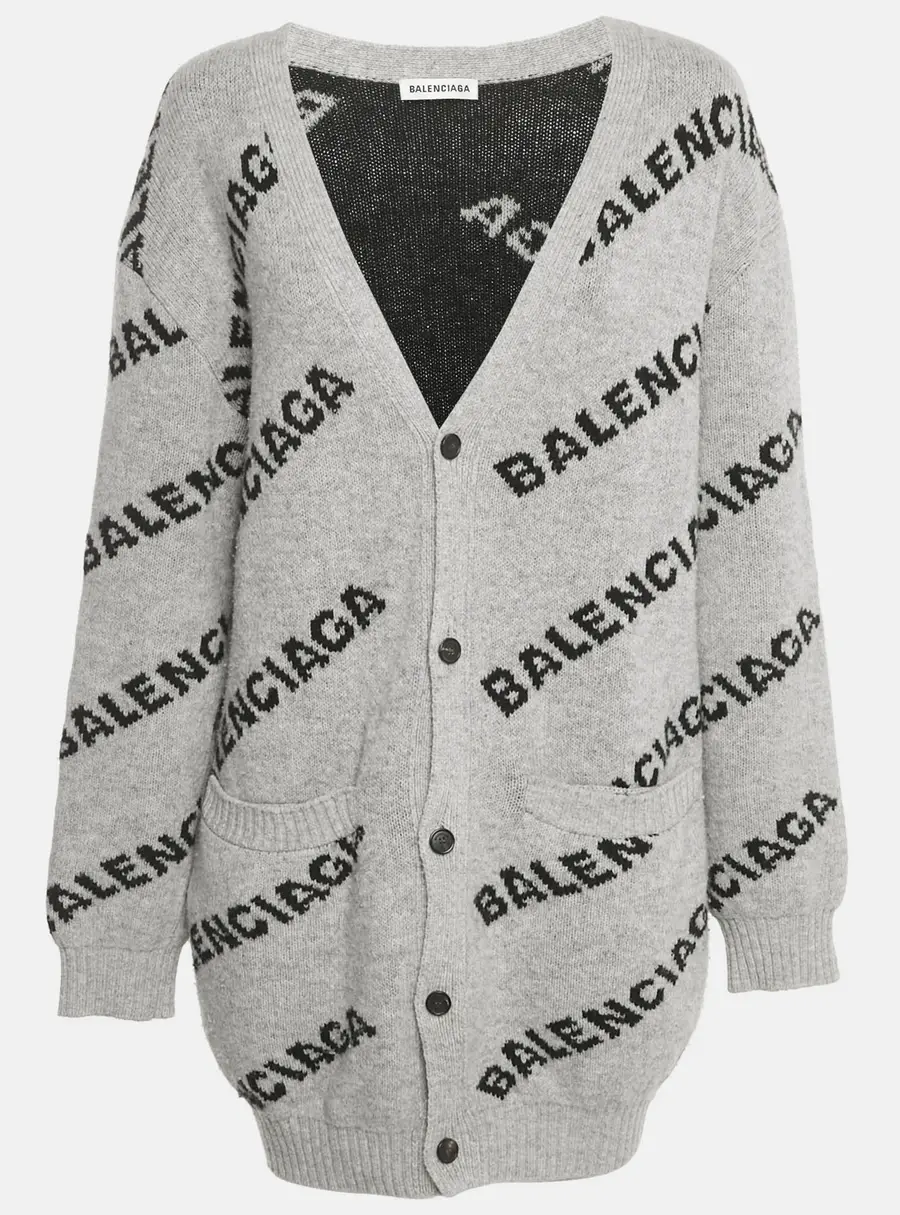 Balenciaga Grey Logo All Over Wool Knit Cardigan M