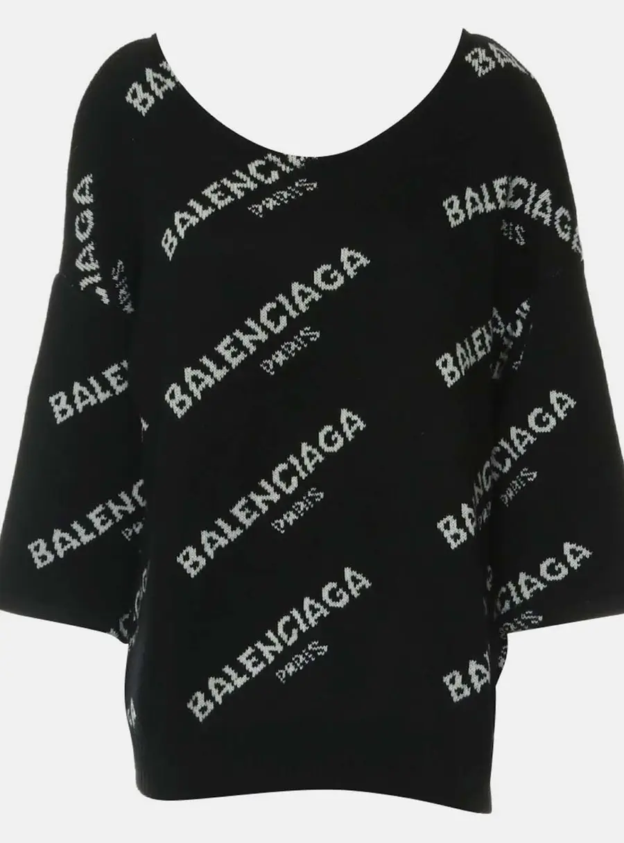 Balenciaga Allover Logo L Black Cotton Blend Knit Sweater