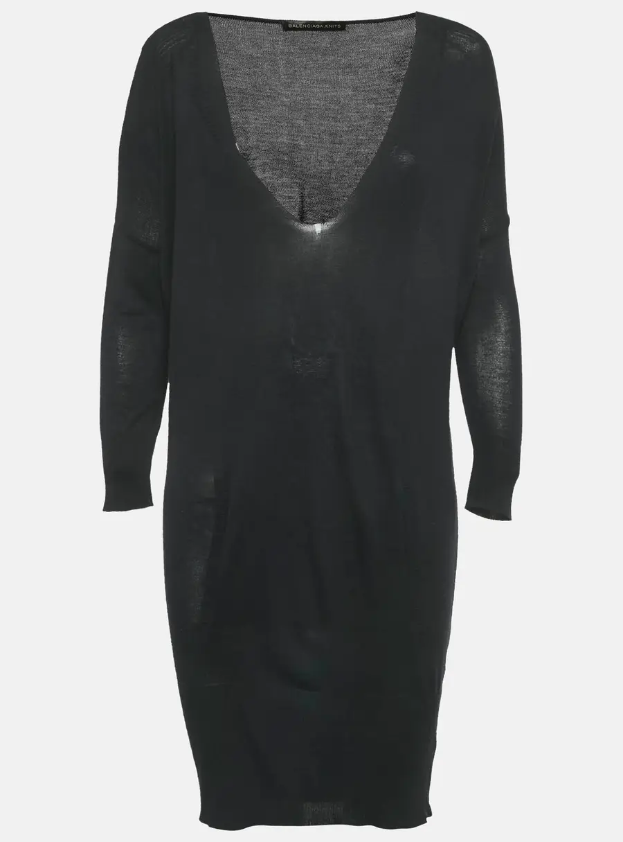 Balenciaga Black Knit V-Neck Dress S