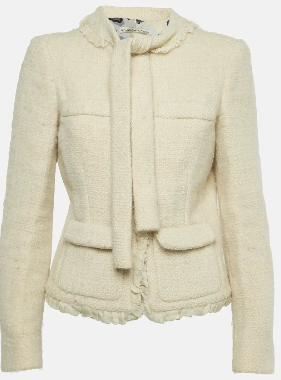 Balenciaga Cream Tweed Ruffled Tie-Up Neck Detail Jacket M