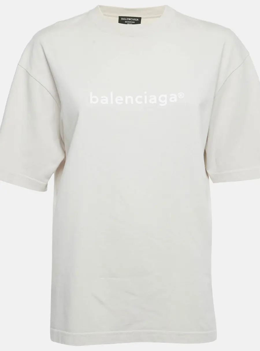 Balenciaga Beige Logo Print Cotton Crewneck T-Shirt XXS