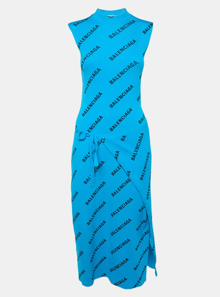 Balenciaga Blue Logo Print Rib Knit Wrapped Midi Dress M