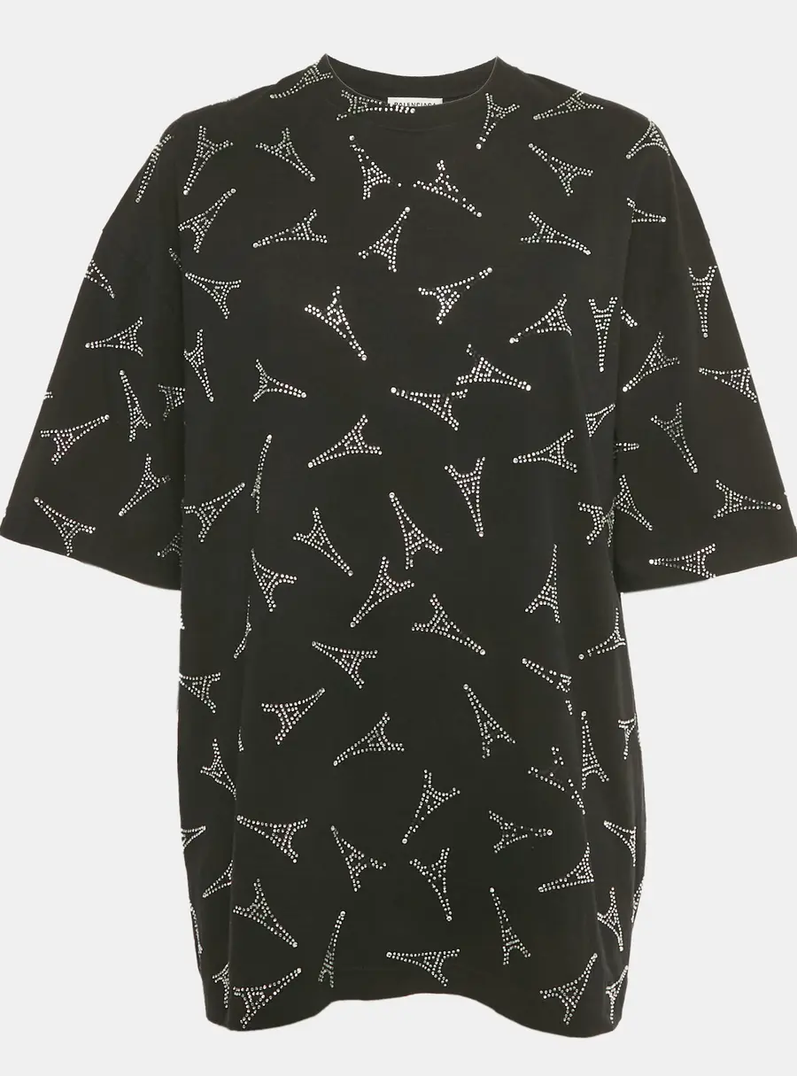 Balenciaga Black Eiffel Tower Crystal Jersey T-Shirt L