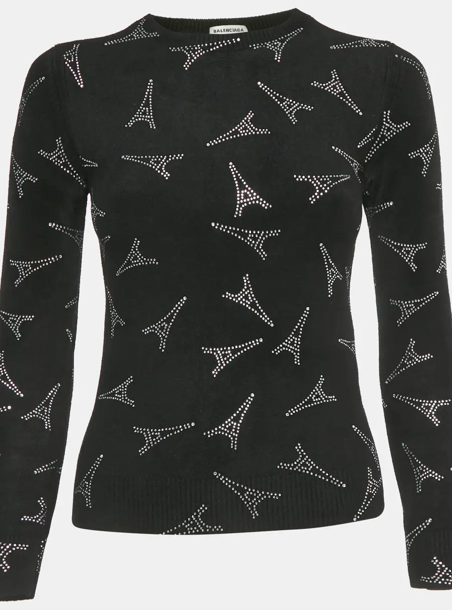Balenciaga Black Eiffel Tower Crystal Fleece Pullover S