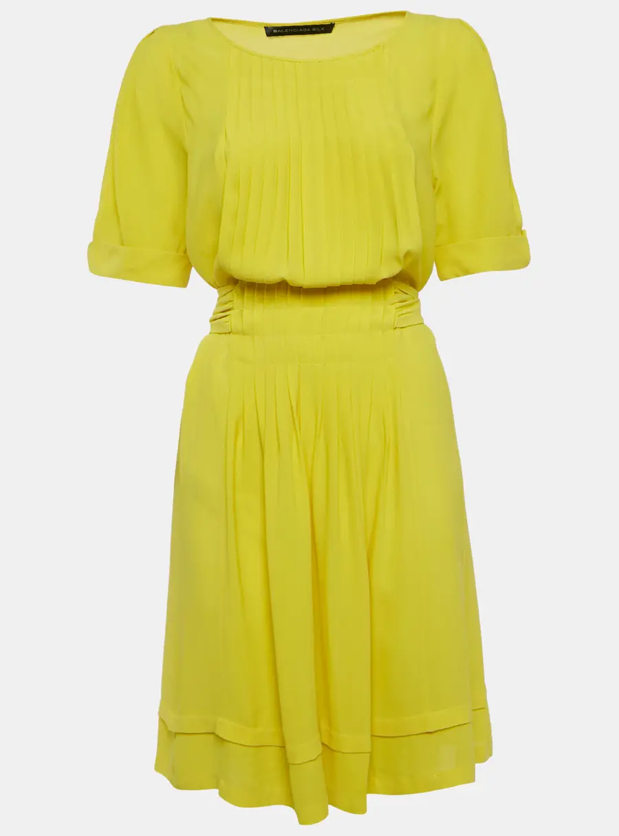 Balenciaga Yellow Silk Puff Sleeve Pleated Mini Dress M