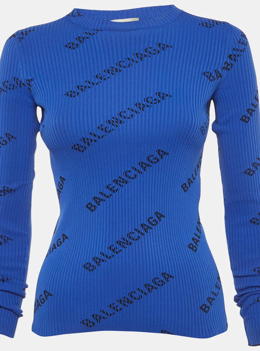 Balenciaga Blue Logo Print All-Over Rib Knit Pullover XS
