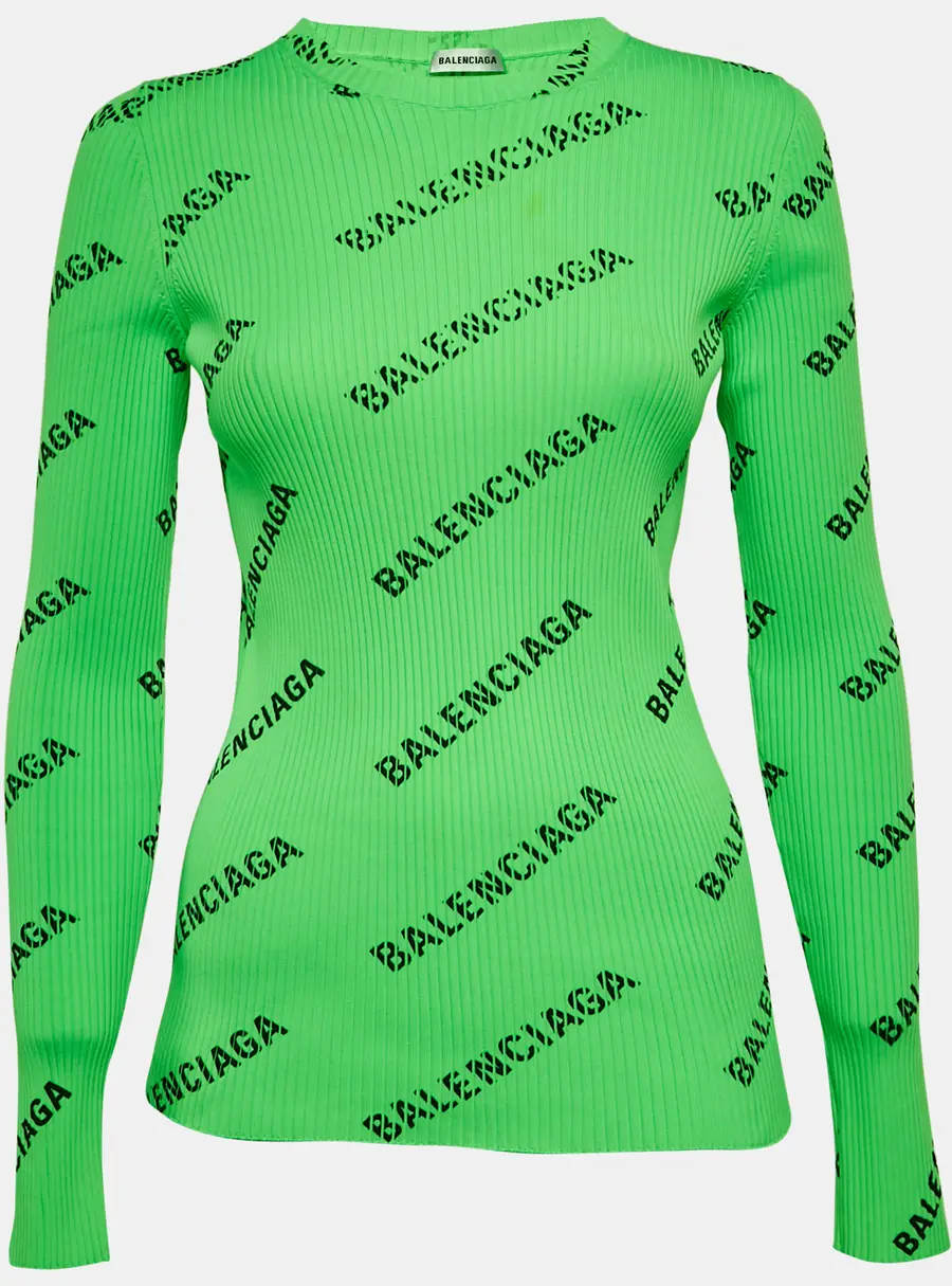 Balenciaga Neon Green Techno Logo Print Rib Knit Crewneck Pullover M