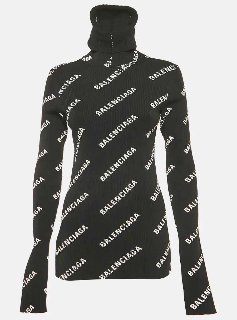 Balenciaga Black Logo Print Rib Knit Turtleneck Sweater M