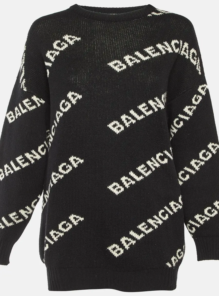 Balenciaga Black All Over Logo Wool Blend Knit Sweater M