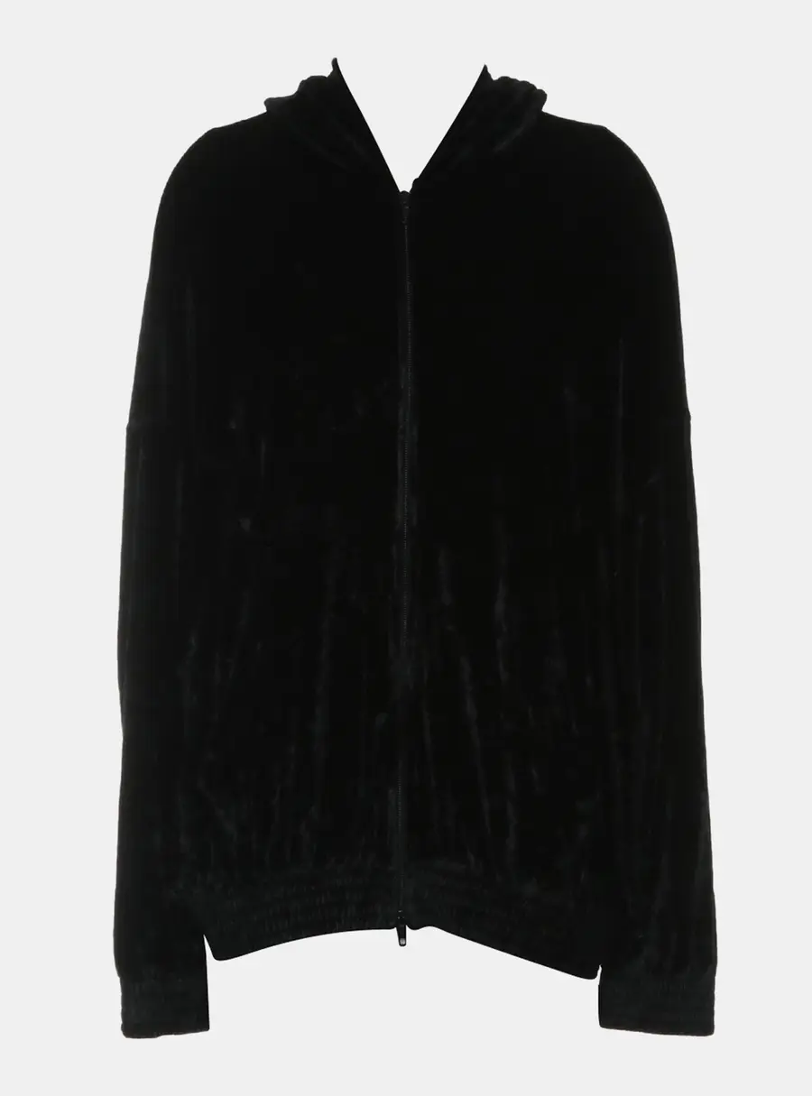 Balenciaga F/W 2023 Black Velour Zip Up Logo-Embellished Hoodie Jacket