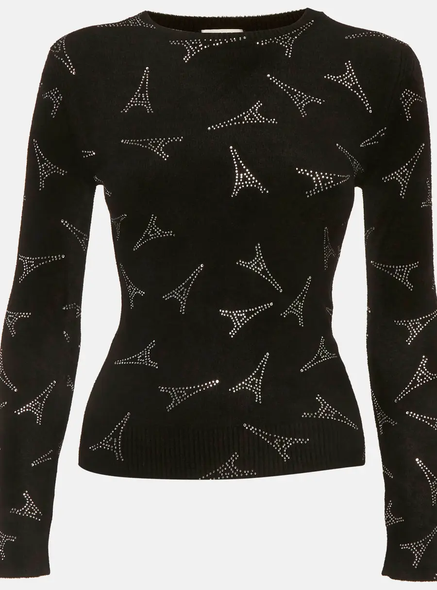 Balenciaga Black Eiffel Tower Rhinestone Velvet Sweater XS