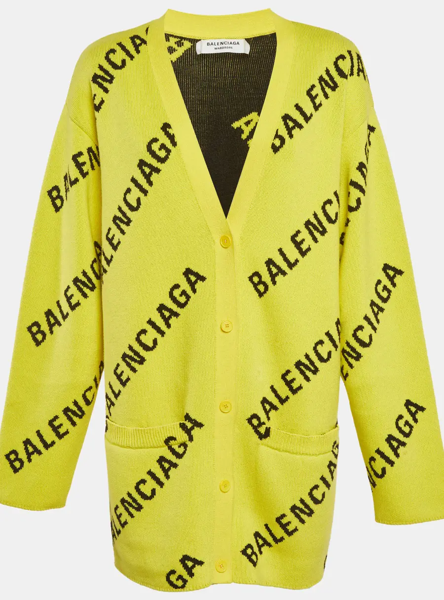 Balenciaga Yellow Logo All Over Knit Cardigan M